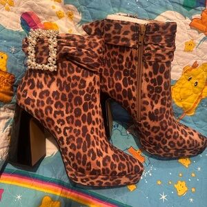Betsey Johnson “Idris” Leopard and Pearl buckle booties